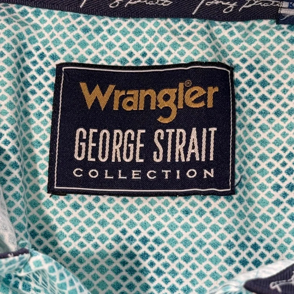 Wrangler George Strait Mens Button Down Shirt M Blue Teal Geometric Short Sleeve